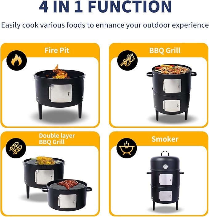 17 inch Vertical Charcoal Smoker, BBQ Grill, Fire Pit, 3-in-1 with Built-in Thermometer, Adjustable Air Vent, Idea for Parties, Backyard, Patio, Camping