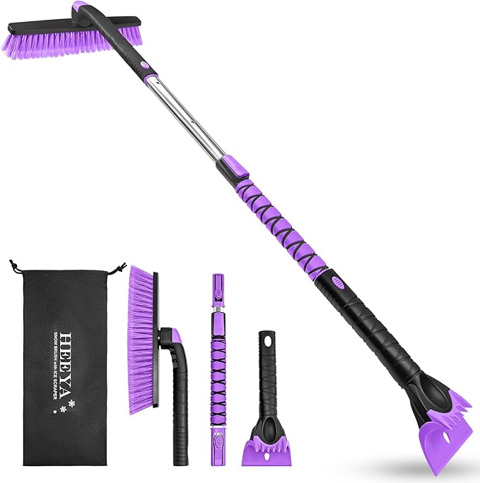 HEEYA 48 Inch Long Snow Brush for SUV, Extendable Ice Scraper and Brush with Foam Grip, 360° Pivoting Snow Car Brush for Truck Auto Jeep RV Vehicle Windshield Window - Purple