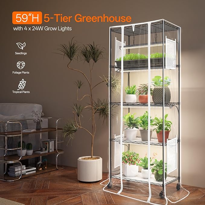 Indoor Greenhouse with Grow Light, Mini Green house with 4 Pack 24W Full Spectrum Plant Lights with Timer, Plant Shelf with Tent for Indoor Plant, Seed Starting, Seed Tray, 23.5"x13.8"x59"