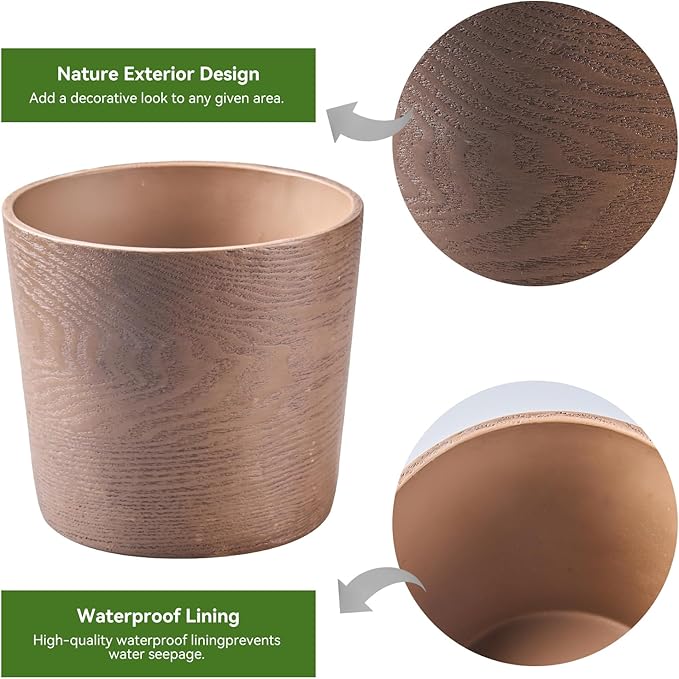 Ekirlin 7 inch Plant Pot, Resin Mahogany Texture Flower Planters with Drain Hole, Removable Rubber Stopper and Non-Slip Soft Pad - for Most Plants and Flowers
