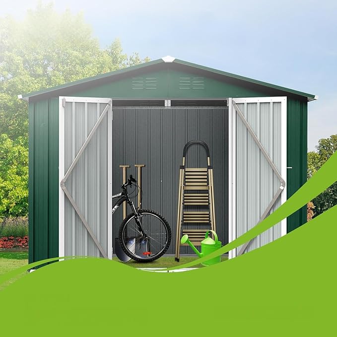 8FT x 6FT Outdoor Metal Storage Shed with Apex Roof - Heavy Duty Steel Garden Shed with Hinged Door & Built-in Vents, Includes Free Padlock for Secure Tool & Equipment Storage (Easy Assembly)