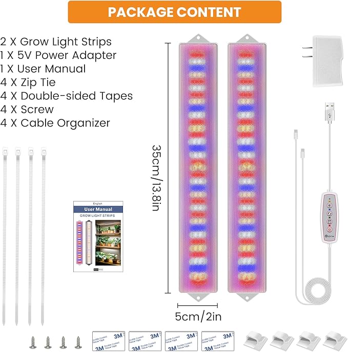 Grow Lights, 20W Red Blue White LED Full Spectrum Plant Lights for Indoor Growing, 210 LEDs Grow Lights for Indoor Plants with 4/8/12/16H Auto Timer,3 Switch Modes, 5 Dimming Levels, 2 Pack.