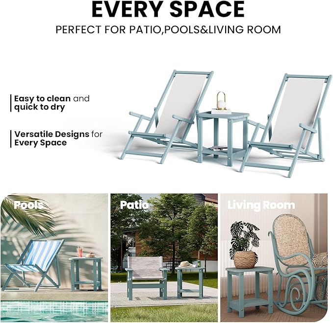 2-Tier Outdoor Side Table, 16" Adirondack Small Side Table All Weather Resistant, Patio End for Outside or Indoor, Patio, Yard, Pool, Porch, Garden, Lake Blue