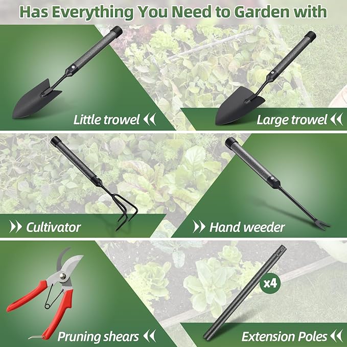 Garden Tool Set, 5Pcs Garden Tools with Extensions, Heavy Duty Rustproof Metal Gardening Tool Shovel Weeder Tiller Pruning Shear Gardening Supplies Garden Gifts for Women Kids