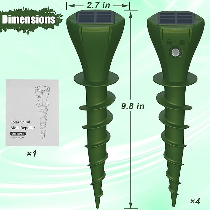 4 Packs Solar Mole Repellers, Gopher Deterrent Device with Vibrating Motor & Spiral Drill Ground Stake, IP65 Waterproof Lawn Garden Yard Pest Repellents Driving Away Vole Groundhog Snakes