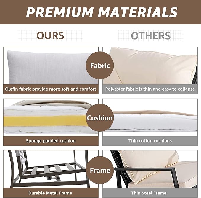 NATURAL EXPRESSIONS Patio Furniture 4 Piece Set,Outdoor Conversation Set Metal Patio Sectional Sofa with High Back Hand-Woven Rope Chairs by Hand Brushed Wood Grain Finish, 6" Cushion for Yard,Garden