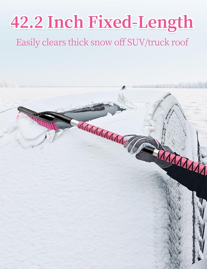 HEEYA 42.2 Inch Ice Scraper and Brush for Car, Snow Brush and Ice Scraper for Windshield Window, Car Snow Scraper with Foam Grip for SUV Truck Jeep Vehicle - Pink