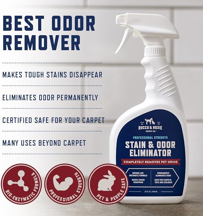 Rocco & Roxie Stain & Odor Eliminator for Strong Odor, 32oz Enzyme Pet Odor Eliminator for Home, Carpet Stain Remover for Cats & Dog Pee, Enzymatic Cat Urine Destroyer, Carpet Cleaner Spray