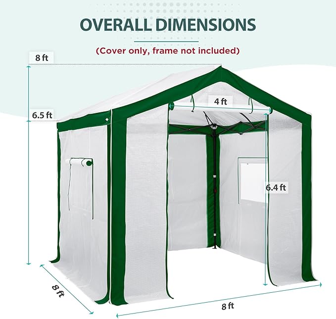 EAGLE PEAK Replacement Cover for 8x6 Portable Pop up Greenhouse with Polyester Reinforced Corners, Front Roll-Up Zipper Entry Door and 3 Large Roll-Up Side Windows (Frame Not Included), Green/White