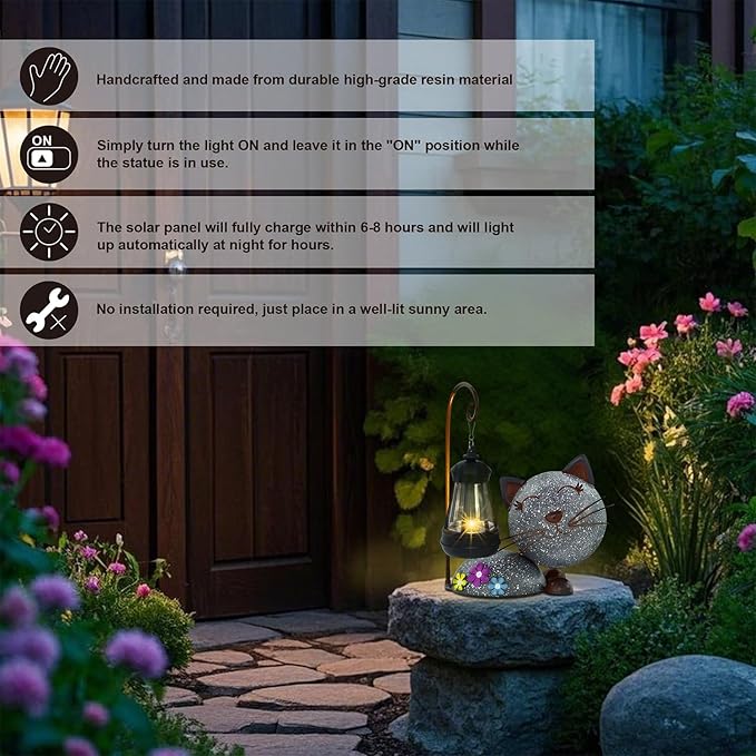 Glintoper Solar Garden Statue Cat Figurine with Lantern, Outdoor Metal Kitten Whimsical Lawn Porch Yard Art, Mothers Day Ideal Gifts, Lighted Ornaments for Patio Pathway Yard Decoration