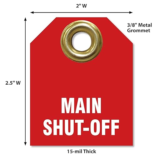 AccuformNMC Shut Off Valve Tags, Main Shut Off (Pack of 5), 2.5" H x 2" W, Red Plastic Double Sided Pipe Tags with Metal Grommet, TDW216