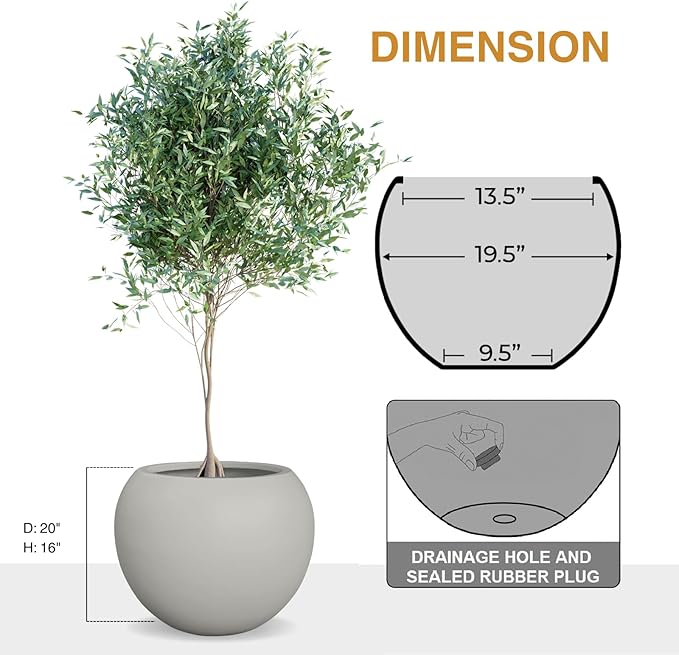 Globo Large Fiberstone Plant Pot, Large Planters for Indoor Plants, Outdoor Planters for Porch (Light French Gray, 20" D x 16" H)