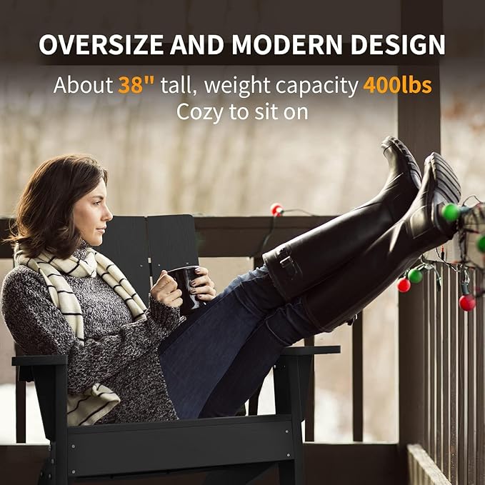 MXIMU Modern Adirondack Chairs Set of 2 Weather Resistant with Cup Holder Oversize Plastic Fire Pit Chairs Adorondic Plastic Outdoor Chairs for Firepit Area Seating (Black)