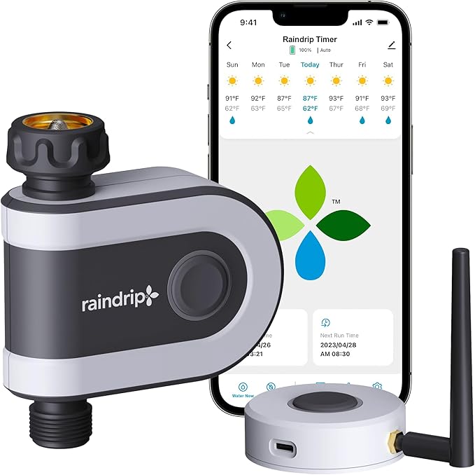 Raindrip R875CT Hose-End Smart Water Sprinkler Timer, Wi-Fi, Wireless Hose Faucet Bibb Timer for Garden, Drip Irrigation System Controller, Free App via 2.4 GHz Gateway Combo,GHT Compatible, Gray