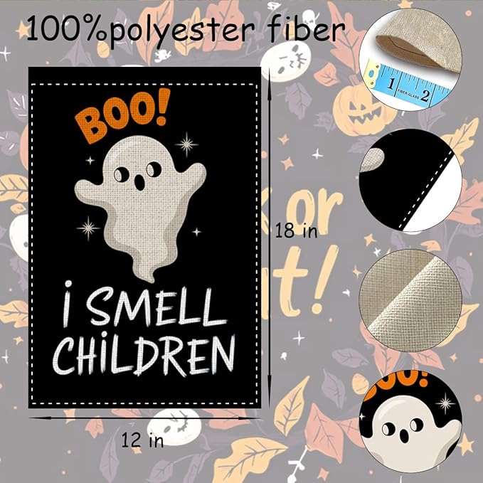 Fokongna Halloween Spooky Ghost BOO Garden Flag, I Smell Children Garden Flag Halloween Decor, 12x18 Inch Burlap Vertical Double Sided Flags, for Home Yard Outside Decorations