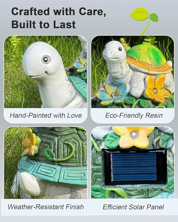 Solar Garden Lights Outdoor Statues – 2 Turtle Figurines with 7 LED Lights, Cute Lawn Ornaments for Yard, Patio, Porch, Balcony – Waterproof Solar Turtle Garden Decor for Outside