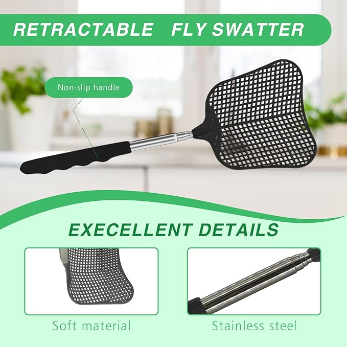 Fly Swatter 2 Pack, Durable Heavy Duty Plastic Fly Swatters, Stainless Steel Telescopic FlySwatter for Indoors/Outdoor/Kitchen/Garden (Black+Black)