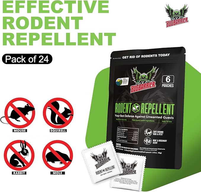 BugBarrier's Rodent Repellent Pouches – Plant-Powered Rat Mouse Deterrent, Indoor Mice, Natural Rat & Mouse Repellent Extra-Strength Peppermint & Rosemary Oils (Pack of 24)