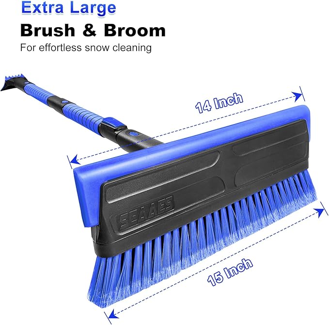 SEAAES 56 Inch Truck Snow Brush Scraper Long Handle, Heavy Duty Extendable Snow Broom for SUV, Windshield Ice Scraper with Foam Grip for Car Automobile Vehicle Window - Blue