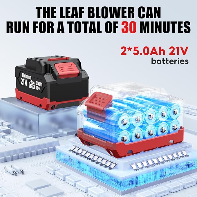Leaf Blower,Powerful Electric Leaf Blower Cordless,650CFM/170MPH,4 Speed Modes,with 2 * 5.0Ah 21V Batteries and Charger,2*Replacement Nozzle for Lawn Care, Blowing Leaves, Dust, Snow, Gravel Patio
