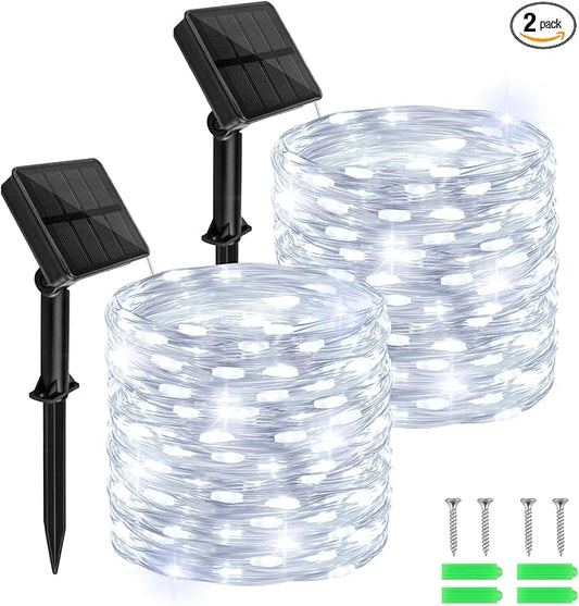 Solar Fairy Lights Outdoor Waterproof,39.4ft 120LED Solar String Lights for Outside 8 Modes 2 Packs for Patio Backyard Garden Wedding Deorations Cool White