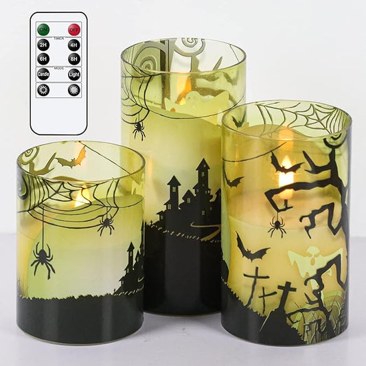 DRomance Spider Glass Flameless Candles with Remote and Timer, Battery Operated Realistic 3D Wick Flickering Real Wax LED Candles Halloween Window Table Holiday Dinner Decor Gifts(3 x 4,5,6 Inches)