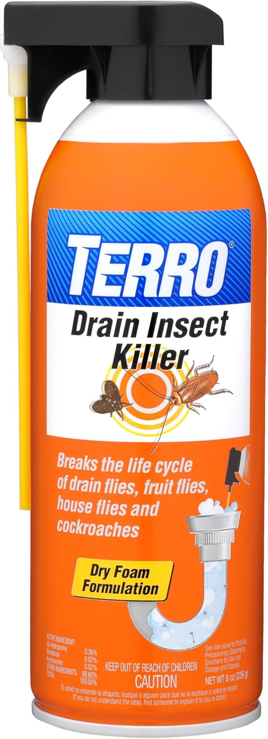 TERRO Drain Insect Killer - T590 Drain Fly Killer Spray - Foam Treatment for Fruit Flies, House Flies, and Cockroaches