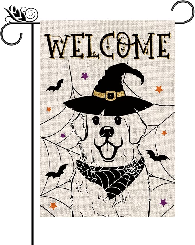 Halloween Garden Flag Great Pyrenees Cobweb Bats Double Sided Vertical Welcome Flag Holiday Outdoor Yard Lawn Decorations 12.5 x 18 Inch