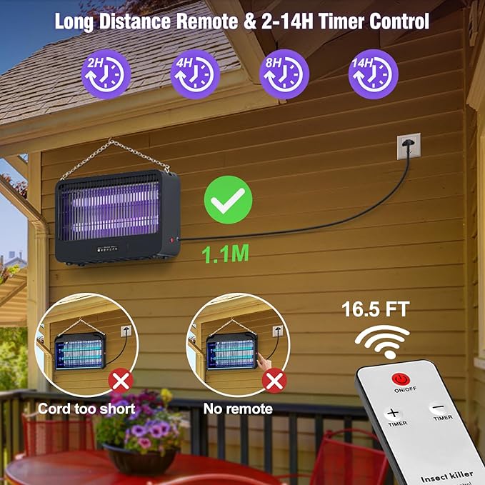 Electric Bug Zapper Indoor, Mosquito Zapper with 3500V Powerful Dual Grid & Remote, Fly Zapper Fly Trap Insect Killer for Patio Yard Home Kitchen Camping - Including 2 Replacement Bulbs (Black)