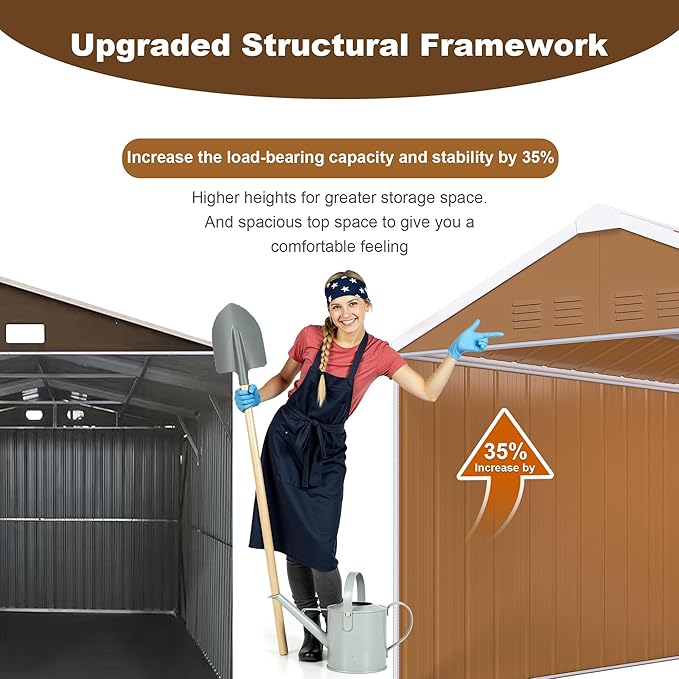 12x8 FT Outdoor Steel Storage Shed with Clear Windows, Sliding Lockable Door & Ventilation, Brown and White Weather-Resistant Metal Tool Shed for Garden, Backyard, Lawn, and Utility Storage