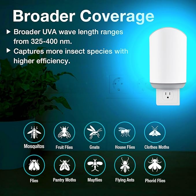 Plug-in Flying Insect Trap & Bug Zapper with Blue UV Light–Indoor/Outdoor Quiet Fly Killer for Gnats, Fruit Flies & House Flies – Bedroom, Patio, Garden (1 Device + 3 Sticky Boards)