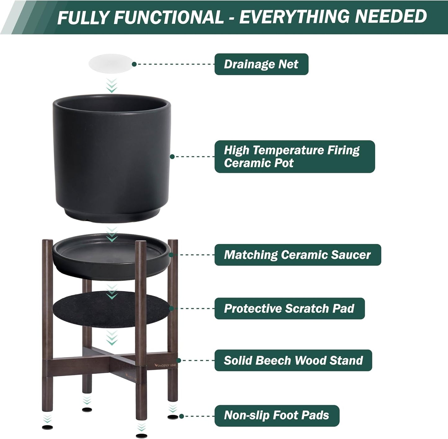 D'vine Dev Ceramic Planter with Walnut Color Stand - 12 Inch Modern Round Flower Pot with Wood Planter Holder, Black, 55-B-W-2