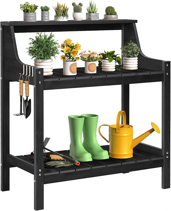 Potting Bench Table, HDPS Potting Bench with 4 Side Hooks, All-Weather Garden Table Work Station, Outdoor Potting Table for Porch, No Rust, No Fade, No Break, 360lbs Capacity (Black, Large)