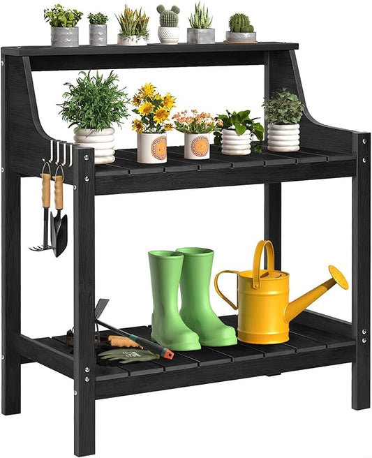 Potting Bench Table, HDPS Potting Bench with 4 Side Hooks, All-Weather Garden Table Work Station, Outdoor Potting Table for Porch, No Rust, No Fade, No Break, 360lbs Capacity (Black, Large)