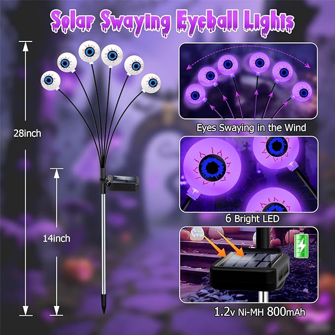 Kohlrabi Halloween Decorations Outdoor, 6 Pack 36 LED Solar Scary Eyeball Swaying Lights, Purple Solar Firefly Light Waterproof Outdoor Garden Lights for Halloween Yard Garden Lawn Party Flower Bed