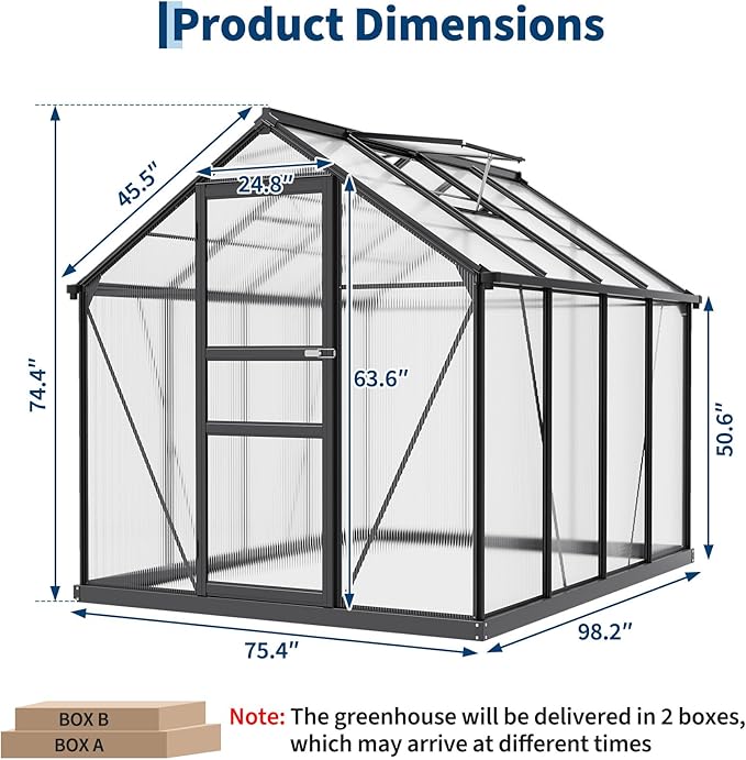 6x8FT Polycarbonate Greenhouse - Walk-in Outdoor Aluminum Frame Greenhouse with Roof Vent, Lockable Push Door for Garden, Backyard, Patio & Lawn(Black)