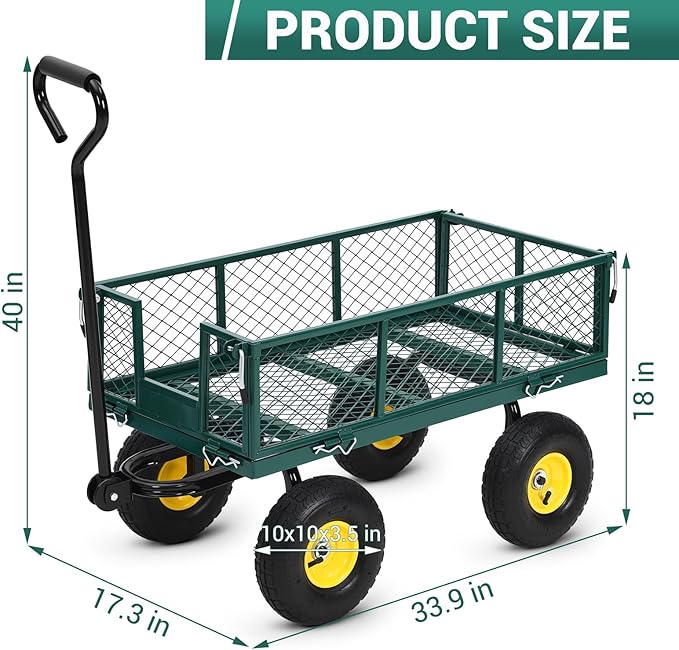 Heavy Duty Steel Garden Cart, 550LBS Pullable Metal Garden Wagon with 10" Wheels, 180° Rotating Handle and Removable Sides for Outdoor, Farm, Yard, Beach ﻿