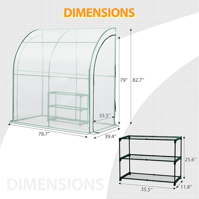 EAGLE PEAK 3 Tier Lean to Portable Greenhouse, Heavy-Duty Indoor & Outdoor Garden with Wire Shelves, 2 Roll-Up Zipper Doors, Easy Assembly, 79"x39"x83" Clear/White PE Cover