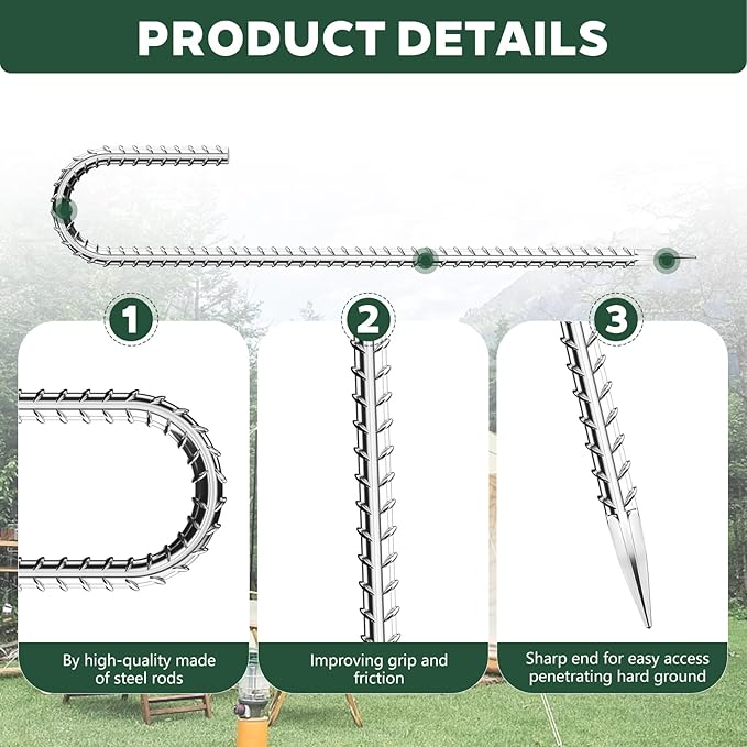 20 Pieces J Hooks Rebar Metal Tent Stakes 16 Inch Galvanized Ground Anchors Yard Stakes for Landscape Fabric Artificial Turf Heavy Duty Anti Rust for Outdoor Lawn Decorations Inflatables Swing Set