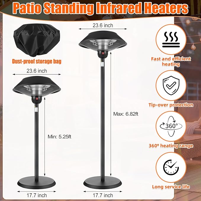 Patio Electric Outdoor Heater Stainless Steel 1500W Standing Infrared Heaters with Dust Cover for Indoor/Outdoor Use, 3 Heat Settings, Fast Heating, Height Adjustable, Tip-Over Protection