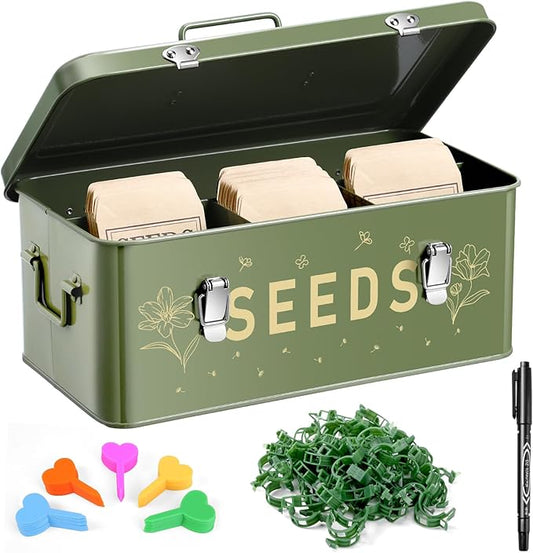 Seed Organizer Storage Box with 4 Compartments Lockable Sealed Metal Seed Container Kit Includes 50 Seed Bags 100 Plant Tags 50 Clips and Marker