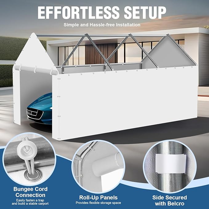 Canopy Sidewalls for 10' x 20' Carport with Ball Bungee Cords, Shelter Logic Replacement Covers Canopy Walls for Car Tent Garage(Sidewalls Only) (White)