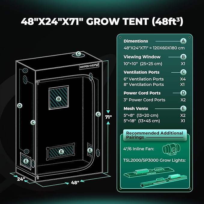 MARS HYDRO 4x2x6 Advanced Grow Tent, 48"x24"x71" High Reflective Mylar 1680D for Hydroponics Indoor Plant Growing, with Observation Window,Floor Tray and Smooth Zipper for TSL2000/SP3000