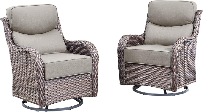 Outdoor Patio Swivel Rocker Chairs Set of 2, Waterproof Wicker, High Back, Deep Seating, Wide Armrest, Upgraded 6 inch Thick Cushions, Ideal for Deck Porch Backyard, Brown/Beige