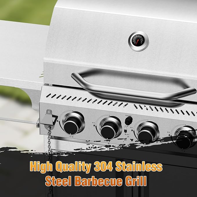 4-Burner Gas Grill,Propane Grill with Folding Side Shelf,Heavy-Duty Thickened Stainless Steel Grill,32,000 BTU BBQ Grill for Outdoor Cooking,Barbecue,Garden and Patio Backyard