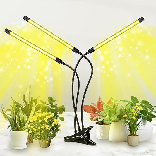 LED Grow Light, 3 Heads Full Spectrum Plant Light with Clamp for Indoor Plants & Seed Starting, 10-Level Dimmable, Auto On Off, Timing 4 9 12Hrs