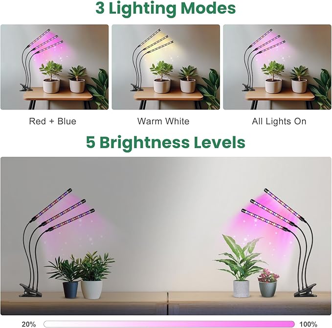 Garpsen Plant Lights, 3 Heads Red Blue Warm White Full Spectrum Grow Lights for Indoor Plants, 60 LEDs Led Grow Light for Seed Starting, with Auto ON/Off 6/12/16H Timer, 5 Dimmable Levels