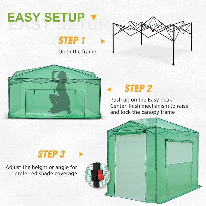 EAGLE PEAK 8x6 Portable Walk-in Greenhouse Instant Pop-up Indoor Outdoor Plant Gardening Green House Canopy with Dual Roll-up Zipper PE Door & Upgraded Screen Mesh Door, PE Cover, Green/Clear