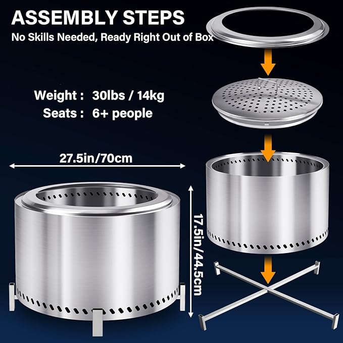 HGD 27.5" Smokeless Fire Pit with Stand, Stainless Steel Wood Burning Firepit for Friends & Family Gatherings, Secondary Combustion Outdoor Patio Stove for Garden BBQ & Bonfire