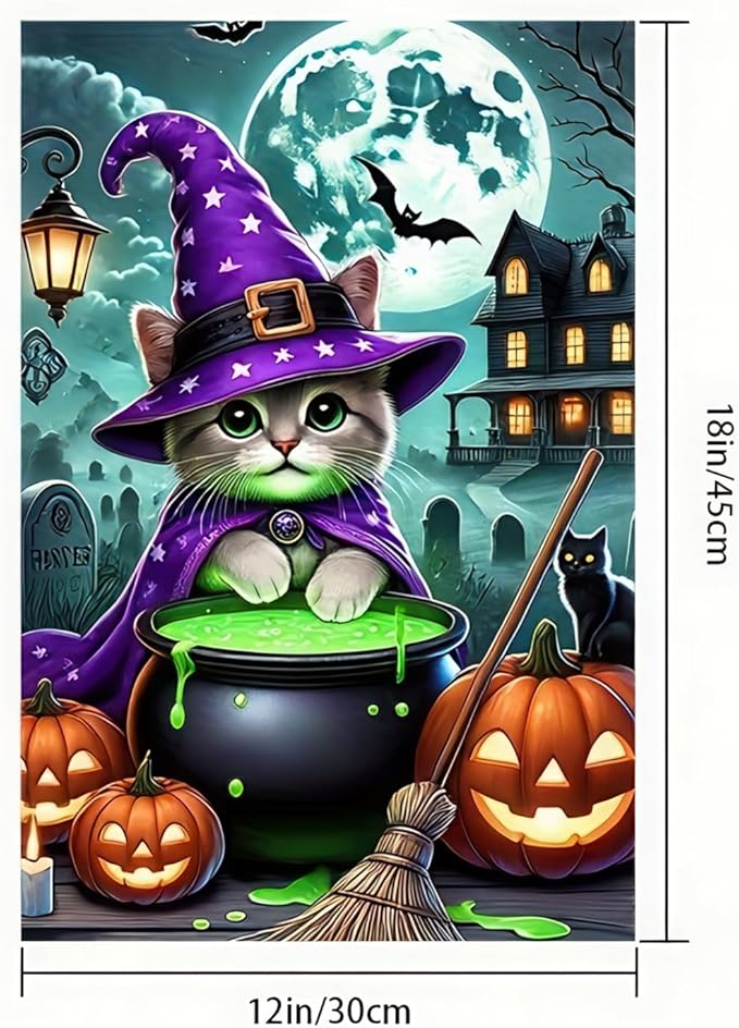 Halloween Garden Flag Double Sided 12x18 Flag Cat Flag Adorable Halloween Cat Garden Flag With Witch Hat And Cauldron Spooky Pumpkin And Haunted House Design For Outdoor Lawn Yard Decor